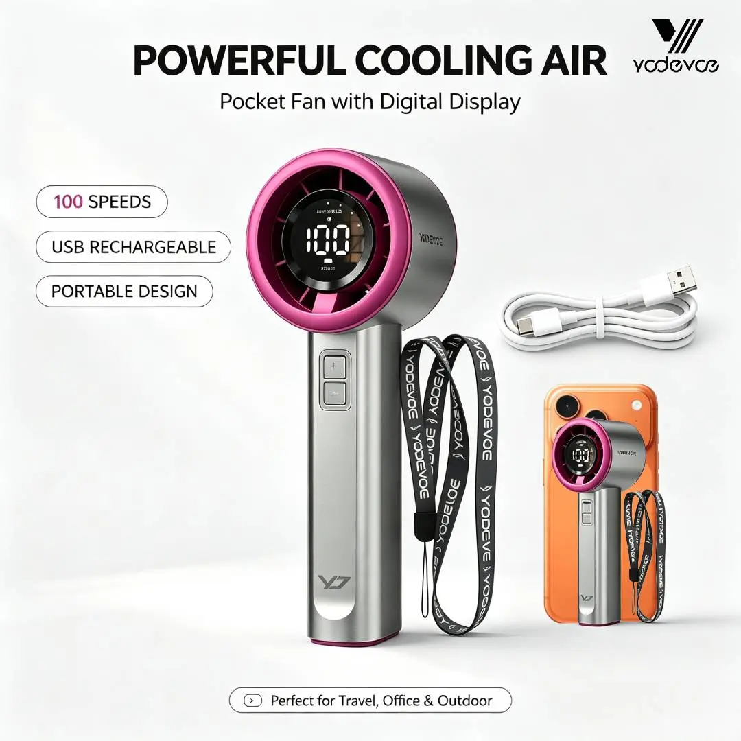 YodevoeThis portable handheld turbine fan features 100 speed settings, a built-in 4000mAh battery, and a runtime of up to 18 hours. This 3-in-1 rechargeable handheld fan utilizes turbine cooling technology and is suitable for outdoor activities.