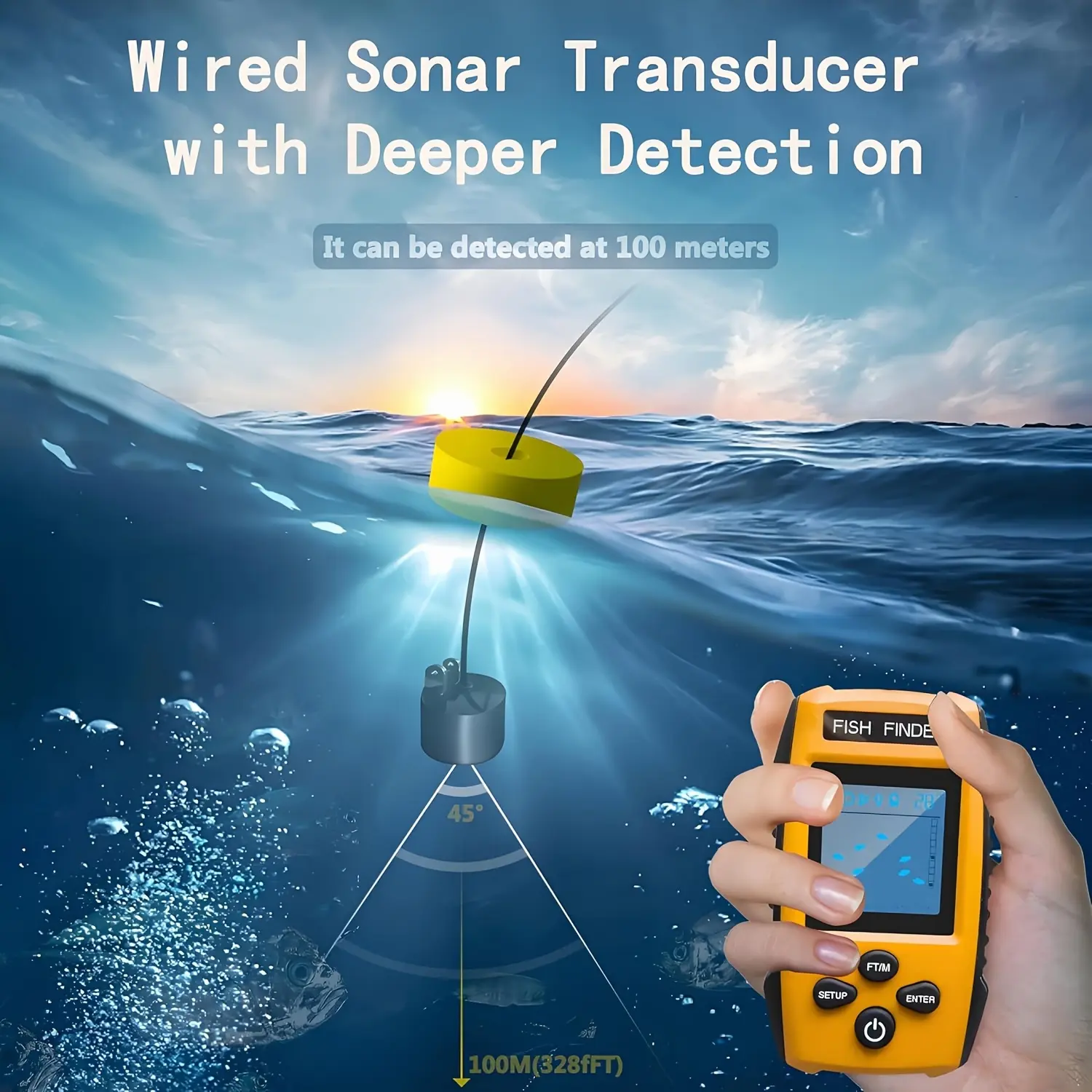 Portable Fish Finder With Sonar Sensor, Handheld Depth Finder For Kayak Ice Fishing LCD Display Water Depth Fish Finder 3937.01inch Range Backlight, IP68 Waterproof, Without Battery