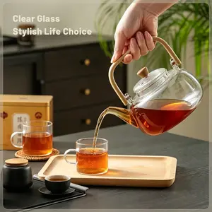 1000ML Glass Flower Teapot High Borosilicate Heat-Resistant Glass Large Capacity with Filter Bamboo Handle Square Lift Handle Household Boiling Water Tea Pot Tea set Teakettle Fruit Teapot Herbal Teapot and Coffee Teapot