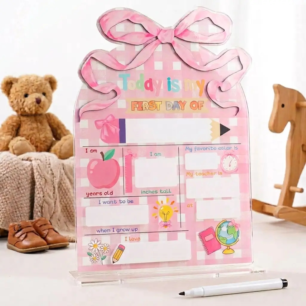 First & Last Day of School Sign Reusable Chalkboard 8" - Back to School Photo Prop Board with Markers, Pink Bow Pencil Notebook Flower Apple Boho Designs, Cute Dry Erase Wooden for Pre-K Kindergarten 1st Grade Teachers Parents Gifts Class of 2026