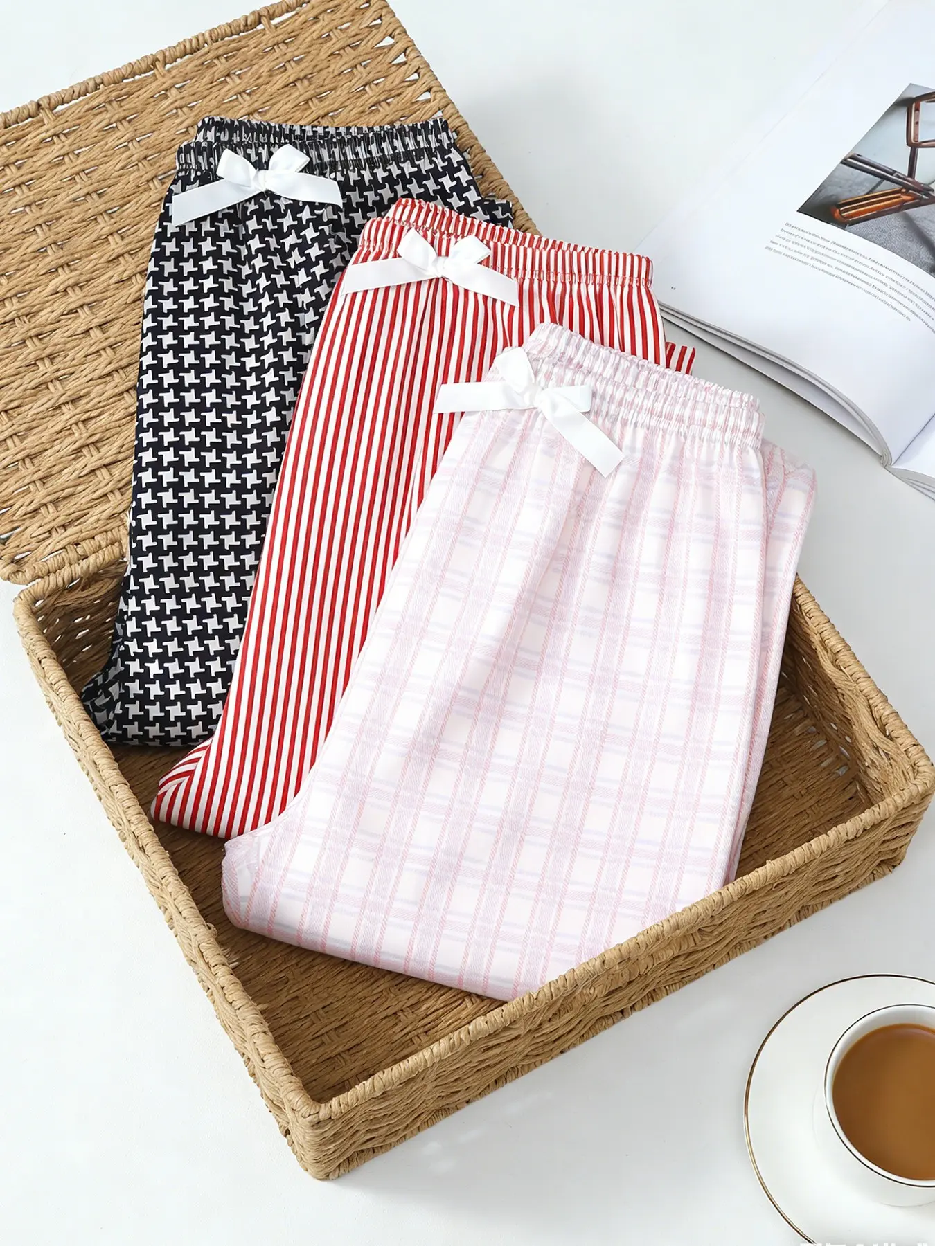 Women's 3 Pack Long Sleep Pants, Spring & Summer Wearable, Houndstooth Stripe Plaid Print, Healing Relaxed Style, Cozy Home Loungewear, Casual Pajamas, Casual Nightwear, Home Sleepwear, Womenswear, Homewear