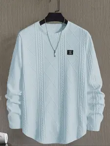 Men's Regular Fit Patched Detail Textured Knit Tops, Casual Long Sleeve Round Neck Plain T-shirt for All Seasons, Fashion Men's Knit Top for Daily Wear, Knitwear Fitted