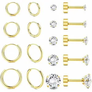Cassieca 9 Pairs Earrings Sets for Multiple Piercing Plated Small Huggie Hoop Earrings for Women Tiny Ball CZ Flat Back Stud Earrings for Women Lobe Helix Cartilage Earrings Daily