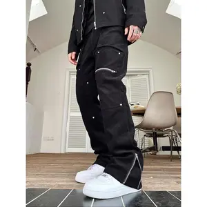Men’s solid-color zip pants, street fashion loose trousers with multiple pockets for everyday wear, men’s bottoms for all seasons, oversized fit