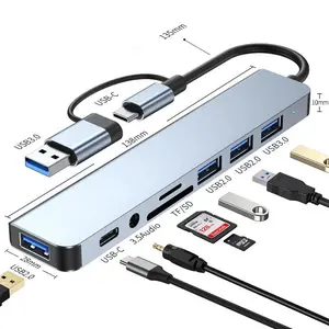 8 In 2 USB + Type-C Hub Docking Station, 3.5mm Audio Jack Adapter, Micro SD Card Reader for Laptops & Tablets, 1 3.5Mm Jack