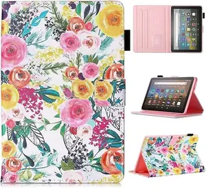 MonsDirect for Fire HD 10 Tablet Case (2021 Release 11th Generation) & Fire HD 10 Plus Tablet Case, Smart Auto Wake Sleep Folio Case Stand Protective Cover with Card Slot, Rose Flower