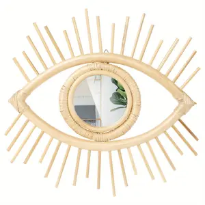 New Hanging Rattan Mirror Decorative Eye Mirror Handmade Eye Mirror Wall Decor Aesthetic Evil Eye Wall Mirror Vintage Portable Eye Shape Rattan Mirror Decor Evil Eye Wall Art for Living Room Bedroom Delicate Evil Eye Wall Art Mirror Rustic Decoration Wood