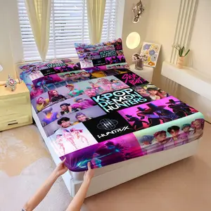K-Pop Anime Idol Fitted Sheet Set and 2 Pillowcases, Printed Bedding Set, Pink Purple Background, Different Style Boy Group Girl Group Trend Collage, Soft Skin-Friendly Anti-Slip Wrinkle Resistant, Trendy Bedroom Decor for Fans