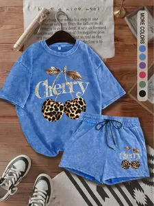 Two-piece Set Women's Leopard Print Cherry Tee & Shorts, Casual Crewneck Short Sleeve T-shirt & Shorts, Ladies Two-piece for All Seasons, Womenswear, Matching Clothing Set, Summer Outfits Set