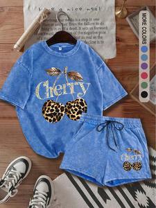 two-piece set women's leopard print cherry tee & shorts, casual crewneck short sleeve t-shirt & shorts, ladies two-piece for all seasons, womenswear, matching clothing set, summer outfit set