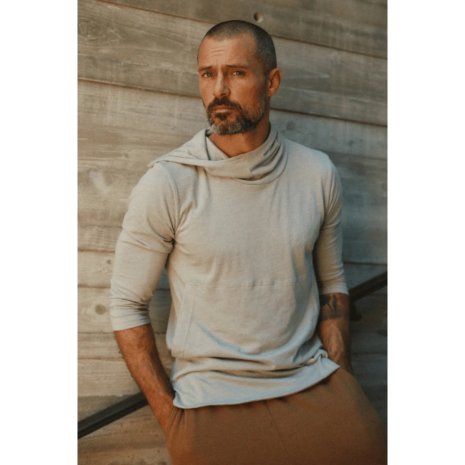 Men's 3/4 Sleeve Cowl Neck Visor Hoodie