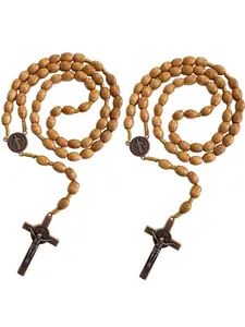 2PCS/6PCS Set Wooden Beads Rosary St Benedict Crucifix Charm, San Benito Catholic Necklace, Saint Benedict Cross, Easter Prayer Gift, Car Hanging Charm, Car Hanging Decoration