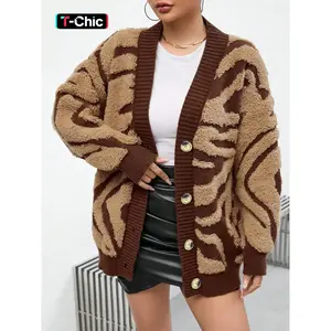 Women's Colorblock Jacquard Button Front Fuzzy Cardigan, Casual Chic Drop Shoulder Long Sleeve V Neck Sweater Cardigan for Fall & Winter, Women's Knit Clothing for Daily Wear, Womenswear Knitwear