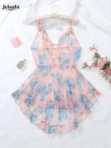Jelsubi Plus Size Ditsy Floral Print Cut Out Frill Sheer High Low Ruffle Hem Sexy Cami Mesh Dress, Romantic Fashion Casual Sexy Outfits for Daily Outdoor Wear, Women's Plus Size Clothes for All Seasons sexy lingerie set sneaky