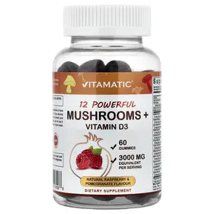 Vitamatic 12 Powerful Mushrooms + Vitamin D3, Natural Raspberry & Pomegranate, 60 Gummies