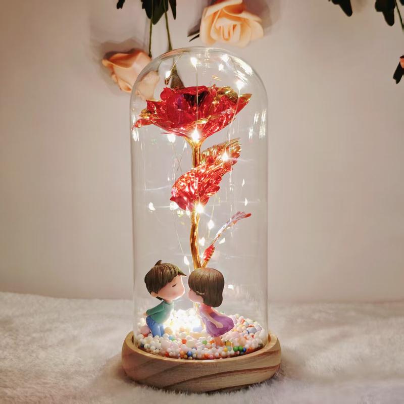 Artificial Roses withLED Lights in Clear Glass Storage Box Single Stem Home Party Decorations for Valentine's Day Christmas Festival