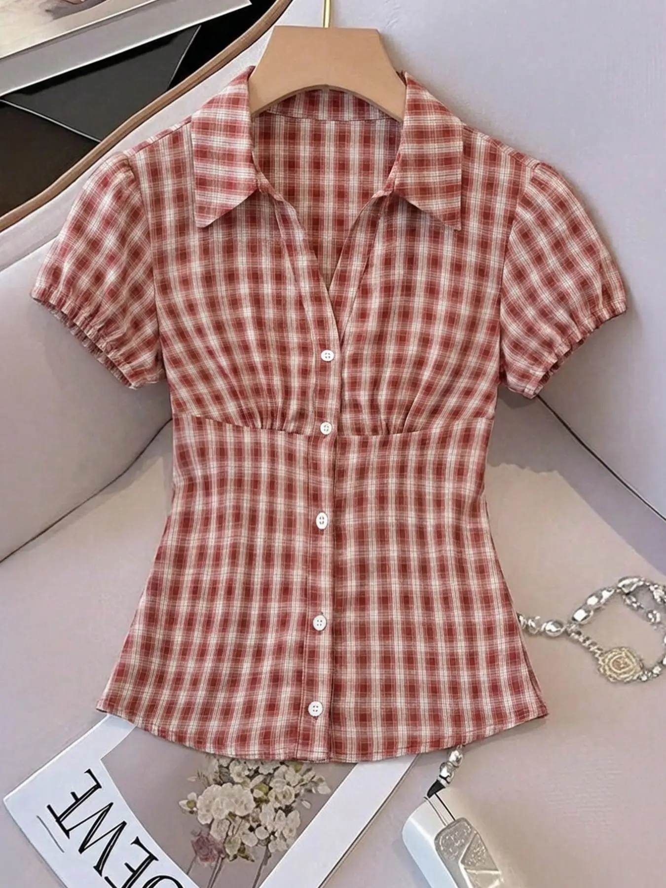 Women's Summer Short Sleeve Plaid Shirt Blouse, Ruched Chest Pleat Design, Waist Cinched Fit, Casual Comfy Office & Daily Wear Top