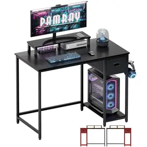 Pamray 39 Inch Computer Desk with Monitor Stand Small Home Office Desks with Non-Woven Storage Drawer for Bedroom Study Table Writing and Work Desk Black