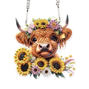Cow & Sunflower Design Pendant Kit, 5D DIY Acrylic Special Shaped Diamond Art Hanging Window Pendant Ornament for Home Decoration and Gift