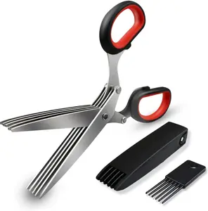 5 Blade Herb Scissors Kitchen Herb Shears Cutter Multipurpose Cutting Shear with 5 Stainless Steel Blades & Safety Cover & Cleaning Comb Salad Sizzors Cilantro Chive Parsley Onion Scissors (Black Red)