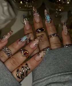 Colorful Crystal Press On Nails | Handmade Gel Nails In Long Stiletto | Glue On Nails | False Nails | Birthday Holiday Autumn Nails | Gift for Her