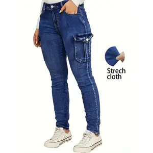 Women's plus size high waist slim fit heavy-duty denim work pants - multi pocket elastic jeans