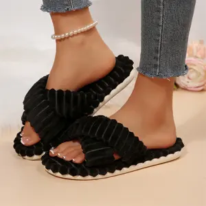 Women's Cozy Fuzzy Cross Band Slippers for Women Corduroy Indoor Outdoor Slides