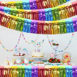3 count Rainbow Foil Fringe Garland Backdrop Decorations, 9.8  Rainbow Metallic Tinsel Glitter Banner,  Pastel Party Decorations for Birthday Wedding Pride Month Parade Floats Decor