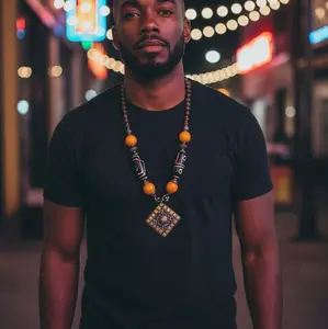 Men's Afro Medallion Necklace with Beaded Design and Square Pendant