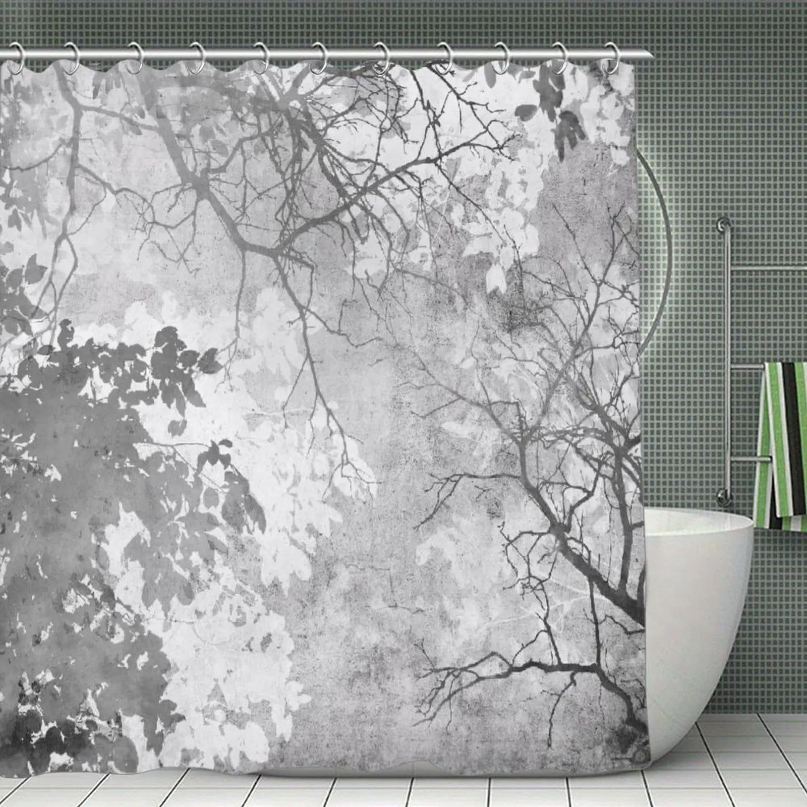 Vintage Grey Tree Branch Texture Print Waterproof Shower Curtain with Stainless Steel Hooks, Neutral Rustic Bathroom Decor Supply Compatible with Plastic Windows, Shower Curtains, Bathtub