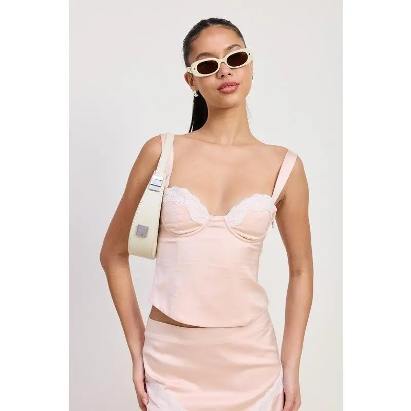 SATIN BUSTIER TOP WITH LACE DETAIL