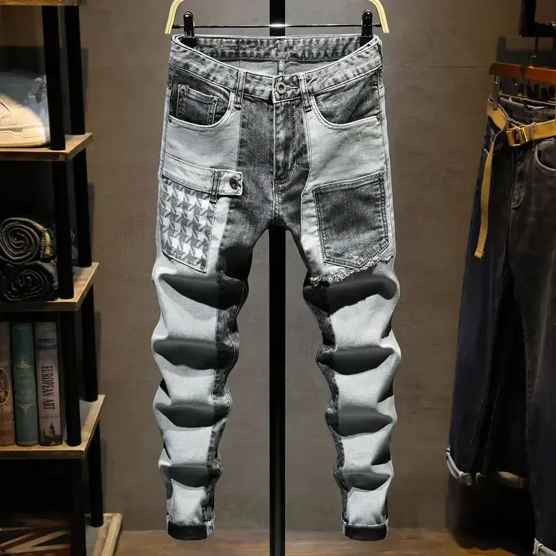 Menswear Slim Fit Denim Jeans - Grey Spliced Look Pants with Star Details, Durable Fabric, Korean Cowboy Style, Casual Streetwear Fashion
