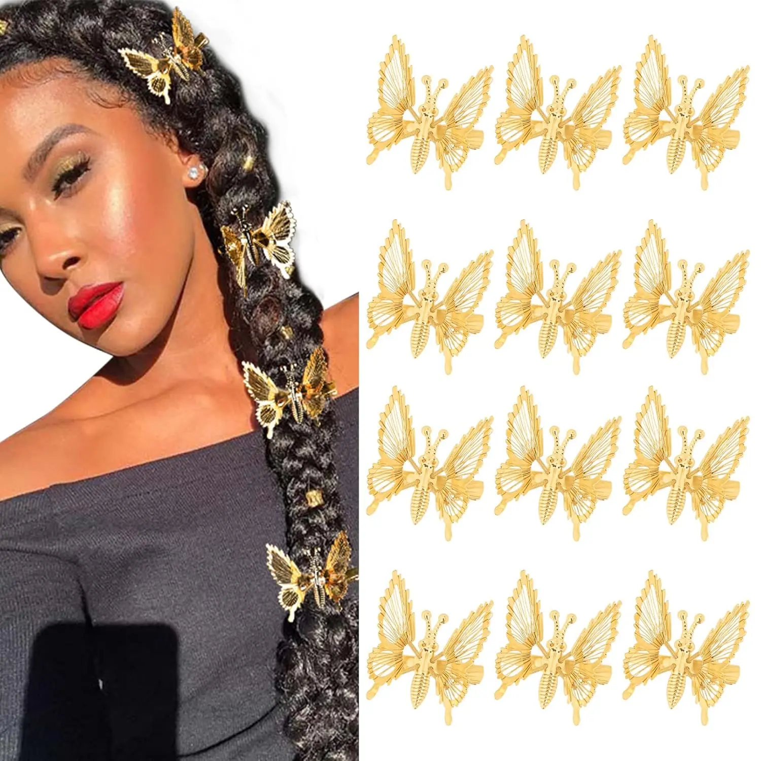 12 PCS 3D Moving Butterfly Hair Clips Metal Gold Moving Wings Butterfly Hair Accessories 90s Hair Clips