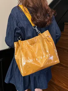 Women's Fashionable PVC Tote Bag, Waterproof Summer Beach Bag, Large Capacity Foldable Shoulder Bag, Casual Letter Print, All Seasons