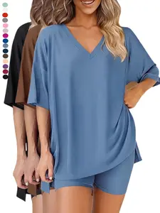 2026 V Neck 2 Piece Sets forSpringWomen Summer Lounge Short Set SpringMatching Biker Shorts Oversized ShirtClothing