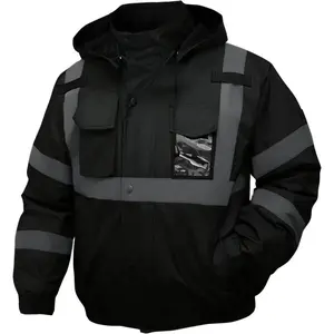safety jacket for men, Reflective high Visibility Hooded jacket, Hi-Vis Bomber Jacket with Pockets and Zipper, waterproof, Black Bottom, ANSI/ISEA 107-Type R Class 3