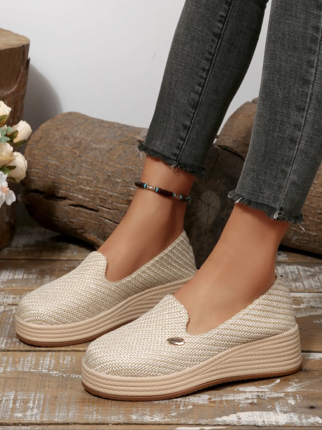 Women's Spring Fall Wedge Single Shoe, Slip Ons, Breathable Height Increase, Patchwork Design, Fleece-Back, Rubber Sole, Versatile Commuter Shoes