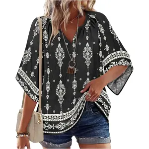 Womens Tops 3/4 Sleeve V Neck Bohemian Blouses Casual Loose Fit Tunic Boho Shirts Floral Printed Clothes Comfortable & Flowy Fit 2026 spring