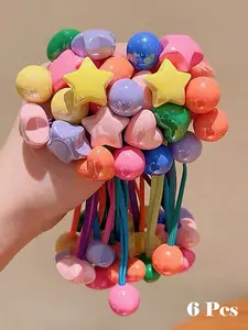 6pcs Multicolor Cute Beaded Heart Flower Star Hair Ties Elastic Hair Accessory Double Strand Non-Damaging Hair Bands Ponytail Holders Sweet Daily Hair Accessories