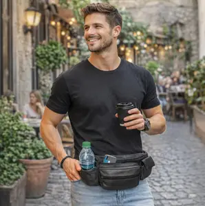 Fanny Pack, Hip Bag, Water Resistant Fanny Pack, Crossbody Bag, Travel Waist Bag, Leather Man Bum Bag, Fanny Pack with Water Bottle Holder