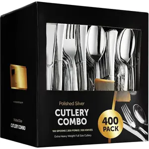 400 Plastic Silverware Set -  Cutlery Set - Disposable Flatware Set - 200 Forks - 100 Spoons - 100  - Heavy Duty - Party Bulk