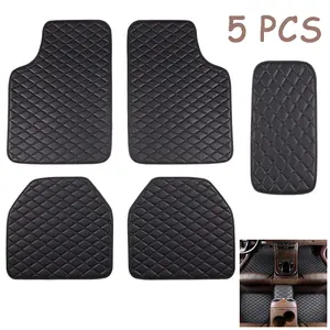 5 PCS Luxury Diamond Quilted PU Leather Car Floor Mats Full Set 3D Full Surround All Weather Waterproof Anti-Slip Floor Liners Custom Fit Front & Rear Auto Foot Mats for Most Cars SUV Truck