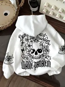 Floral Halloween Skull Hoodie, Loose-Fit Korean Style Long Sleeve Pullover, Fall & Winter Thick Fabric, Multiple Colors Available, Sweatshirts