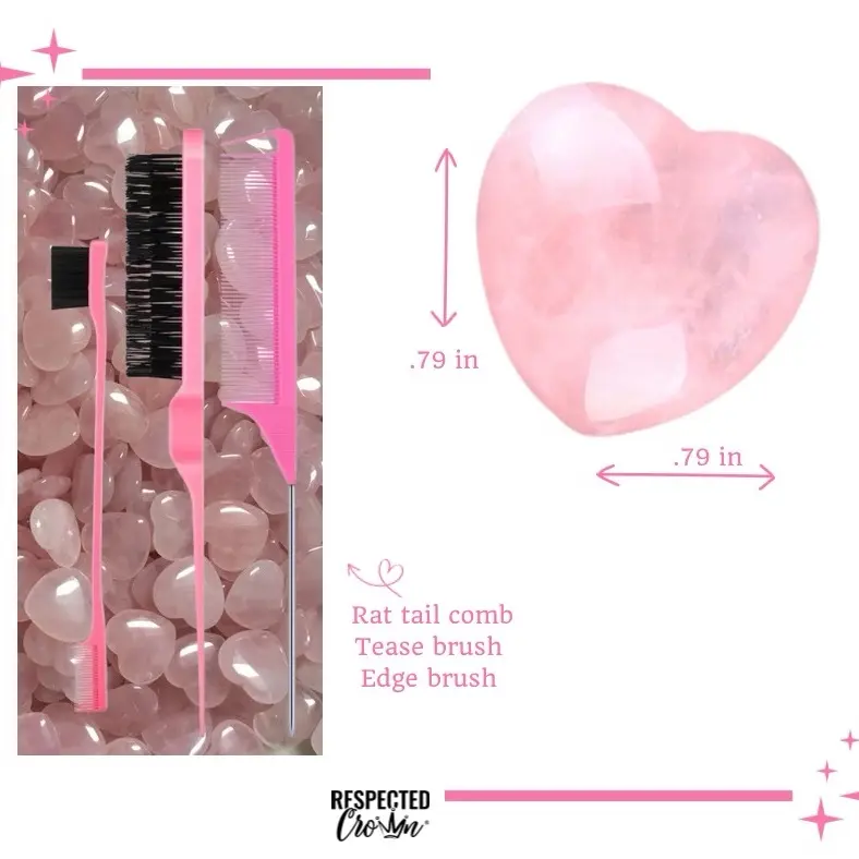 Respected Crown Bedtime Bonnet Haircare Set - 3 Piece Pink Crystal Love Stone Kit for Self Love & Hair Care