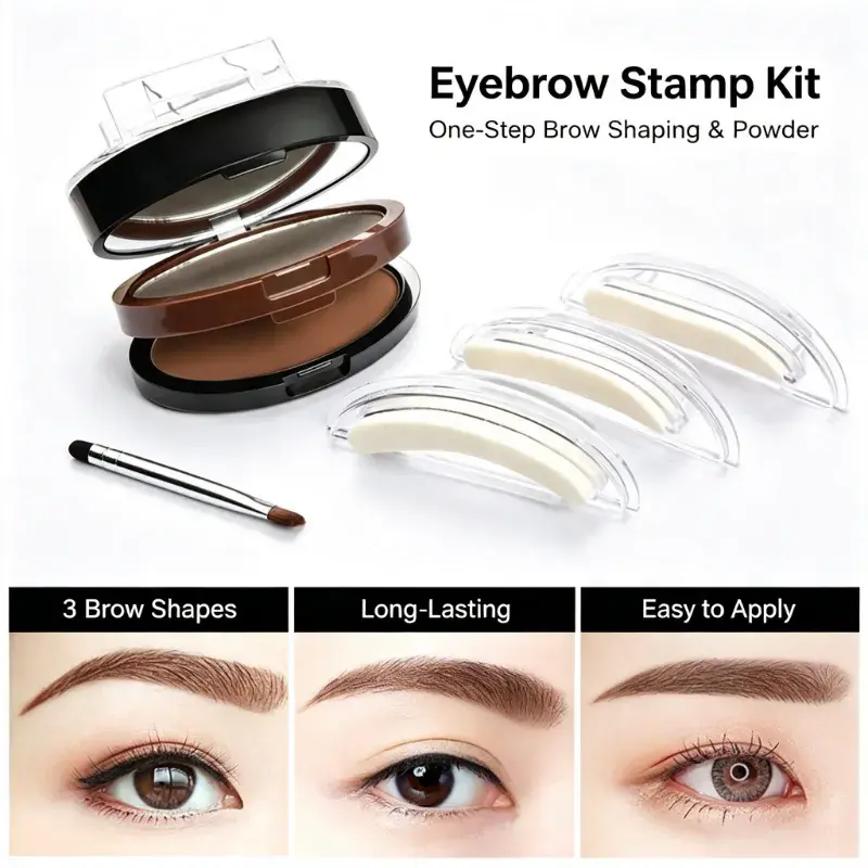 2-Tone Eyebrow Stamp with Powder Puff - Straight Eyebrow Shape Correction Tool for Beginner Users, Quick & Convenient Makeup Supply, Multi-Color Options