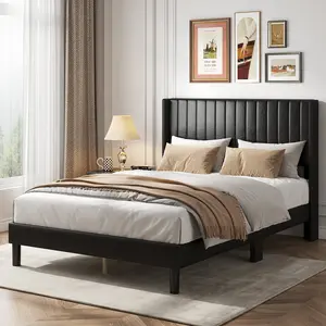 Wingback Bed Frame with Fabric Covered Headboard, 500 lbs Capacity Platform Bed for Twin Full Queen, No Box Spring Needed, 6 Inch Under-Bed Storage