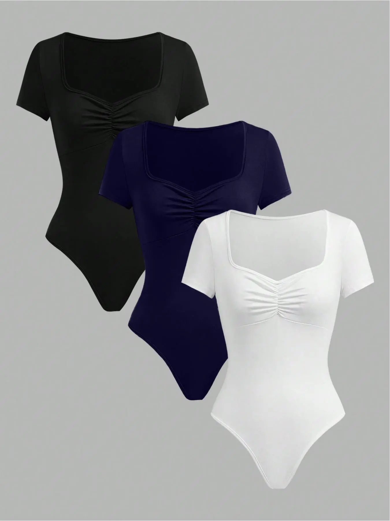 Women's Fashion Square Neck Short Sleeve Slim Fit Bodysuit Set, Trendy Solid Color Three-Piece for Spring Summer