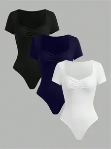 Women's Fashion Casual Square Neck Short Sleeve Slim Fit Bodysuit Set, Trendy Chic Graphic Solid Color Three-Piece for Spring Summer