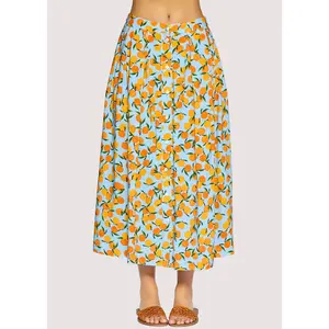 Citrus Soiree Midi Skirt - Spring Lemon Print Front Button