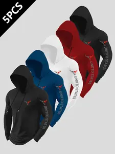 Men's Summer Bull Logo Letter Print Hooded Sport Sweatshirt 5-Pack, Windproof and Stylish, Ideal for Gym, Running, Daily Wear